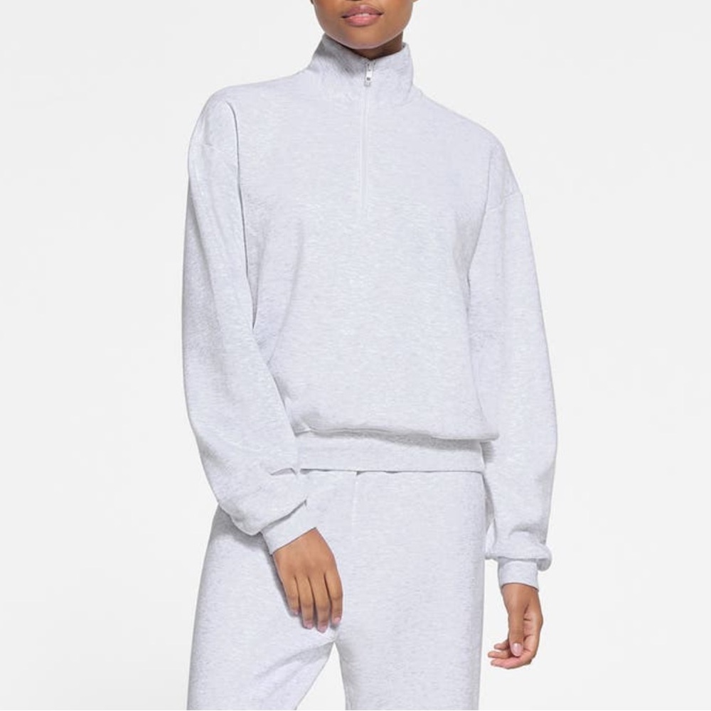 Skims Cotton Blend Fleece Quarter Zip Sweatshirt - Light Heather Gray